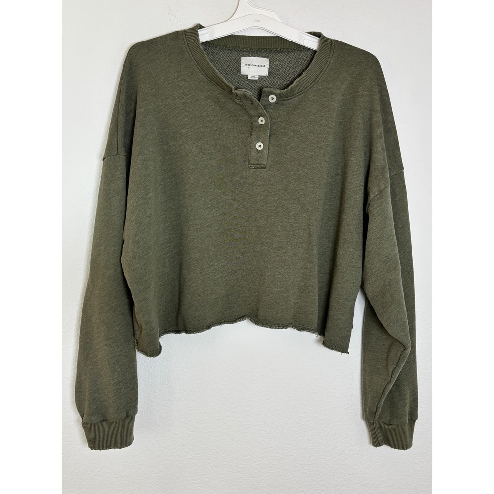 American Eagle Olive Green Cropped Henley Sweatshirt Raw Hem Large
